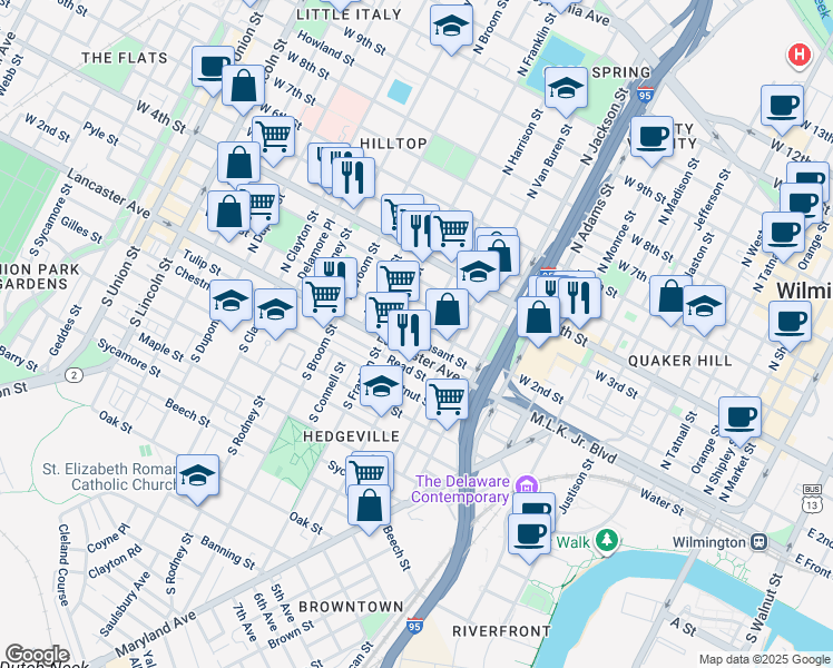 map of restaurants, bars, coffee shops, grocery stores, and more near 109 North Harrison Street in Wilmington