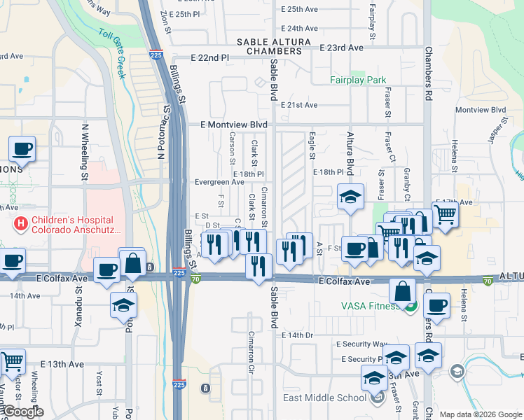 map of restaurants, bars, coffee shops, grocery stores, and more near 1726 Cimarron Street in Aurora