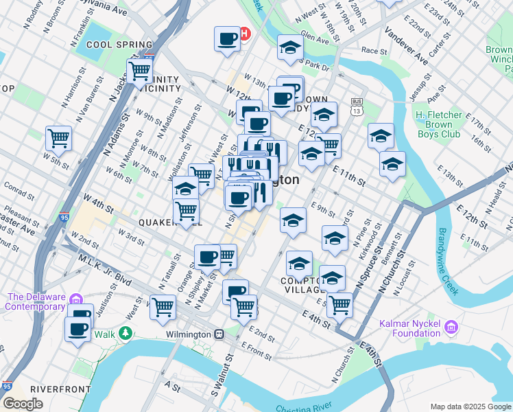 map of restaurants, bars, coffee shops, grocery stores, and more near 800 North Market Street in Wilmington