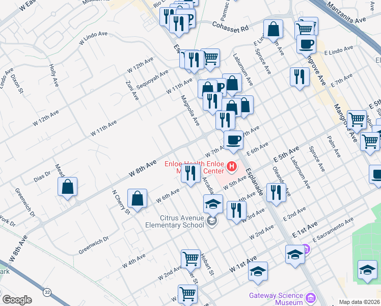 map of restaurants, bars, coffee shops, grocery stores, and more near 1740 Arcadian Avenue in Chico