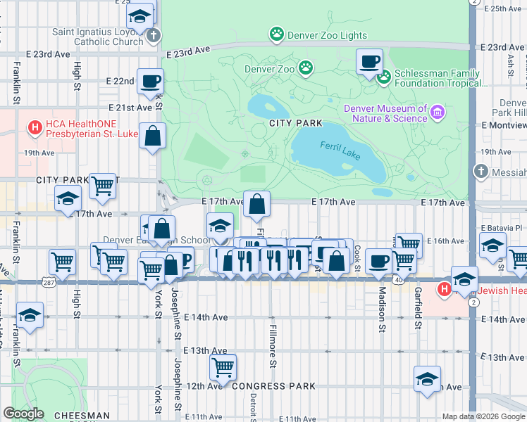 map of restaurants, bars, coffee shops, grocery stores, and more near in Denver