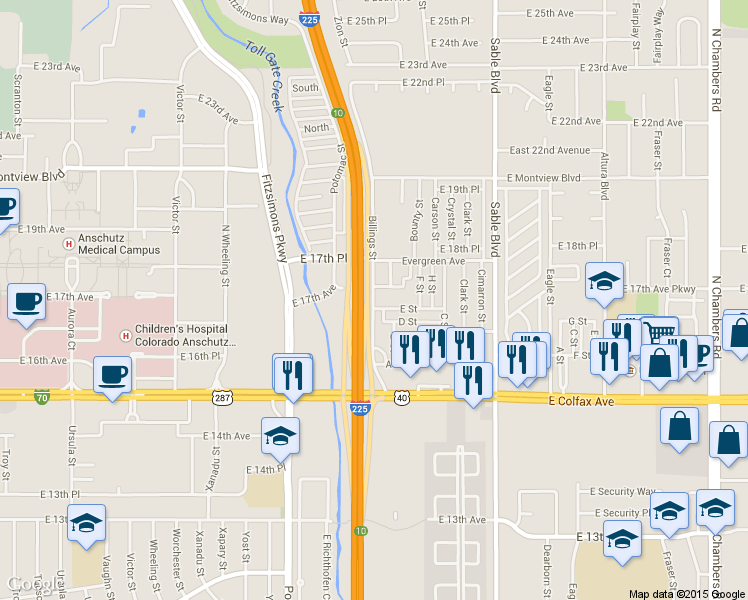 map of restaurants, bars, coffee shops, grocery stores, and more near 1710 Billings Street in Aurora
