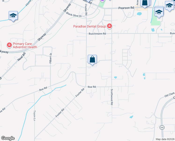 map of restaurants, bars, coffee shops, grocery stores, and more near 5416 Foster Road in Paradise
