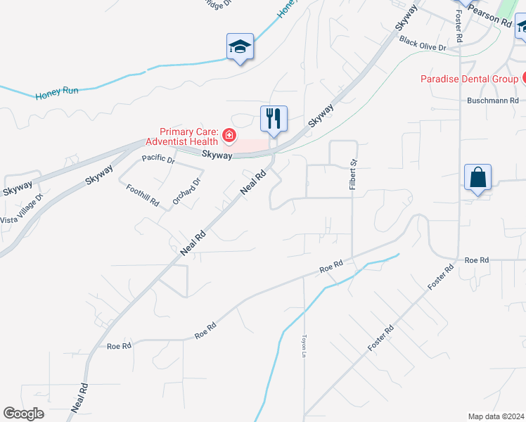 map of restaurants, bars, coffee shops, grocery stores, and more near 374 Circlewood Drive in Paradise