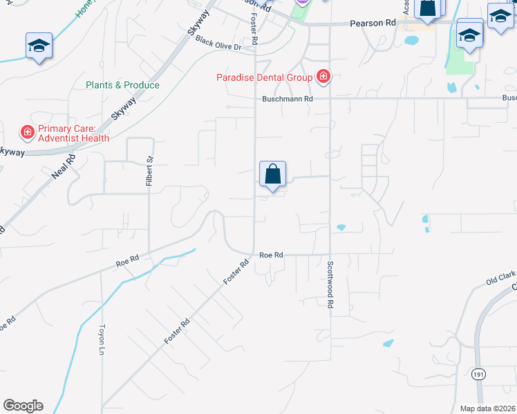 map of restaurants, bars, coffee shops, grocery stores, and more near 5446 Foster Road in Paradise