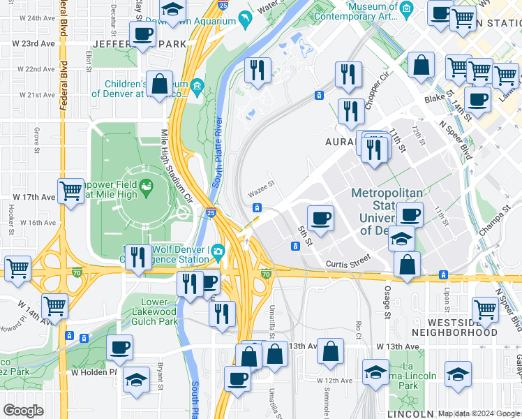 map of restaurants, bars, coffee shops, grocery stores, and more near 319 Walnut Street in Denver