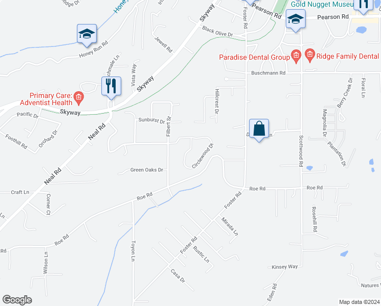map of restaurants, bars, coffee shops, grocery stores, and more near 640 Circlewood Drive in Paradise