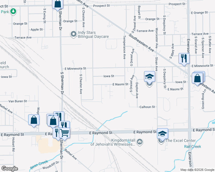 map of restaurants, bars, coffee shops, grocery stores, and more near 4112 East Naomi Street in Indianapolis