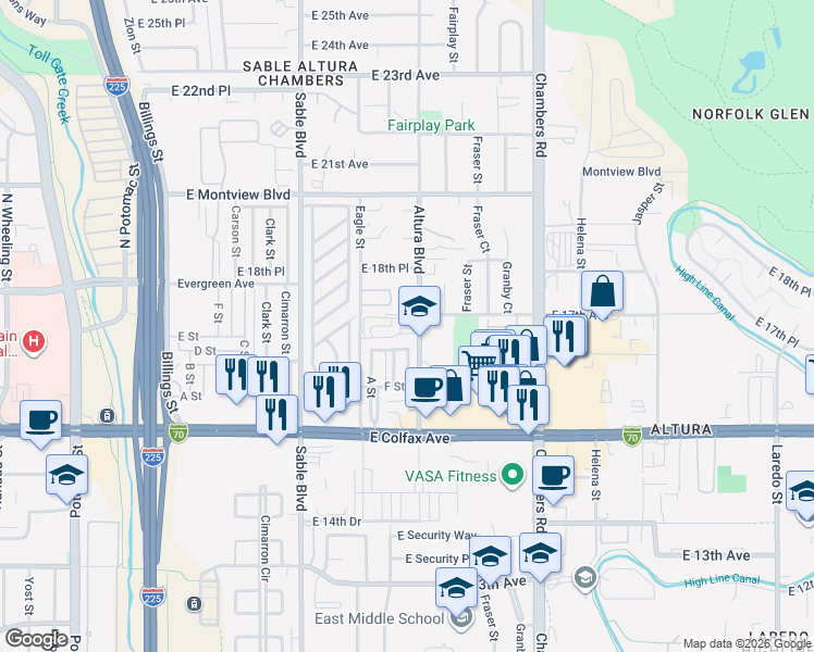 map of restaurants, bars, coffee shops, grocery stores, and more near 1731 Altura Boulevard in Aurora