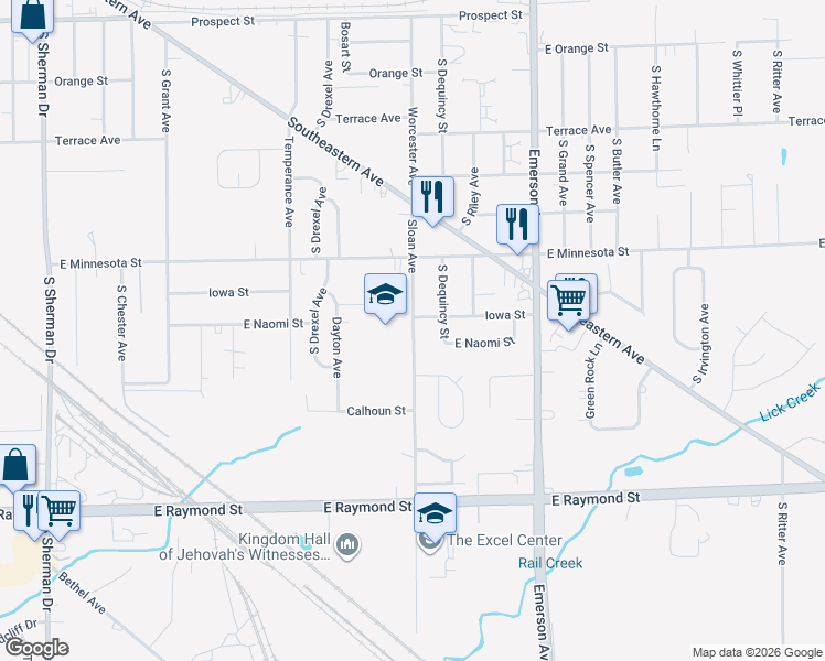 map of restaurants, bars, coffee shops, grocery stores, and more near 1780 Sloan Avenue in Indianapolis