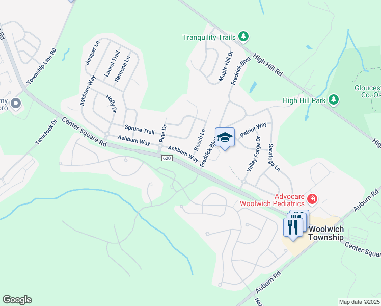 map of restaurants, bars, coffee shops, grocery stores, and more near 136 Spruce Trail in Woolwich Township