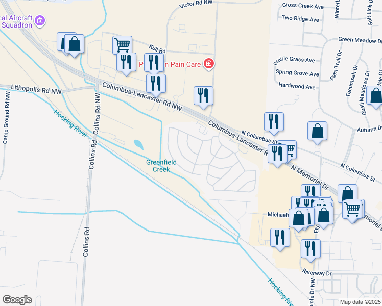 map of restaurants, bars, coffee shops, grocery stores, and more near 2445 Columbus-Lancaster Road Northwest in Lancaster