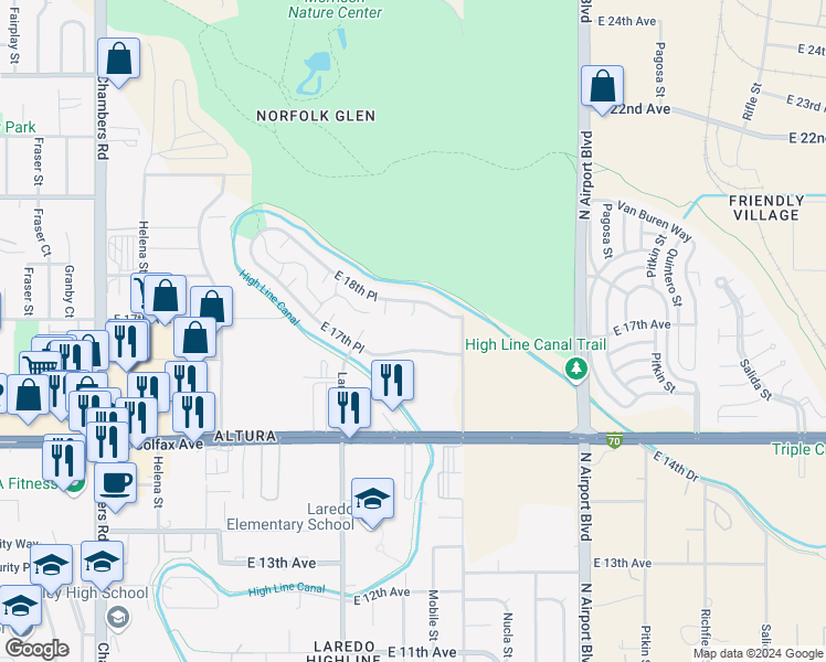 map of restaurants, bars, coffee shops, grocery stores, and more near 1842 Memphis Street in Aurora