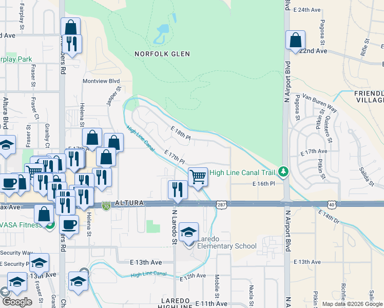 map of restaurants, bars, coffee shops, grocery stores, and more near 1839 Lewiston Street in Aurora