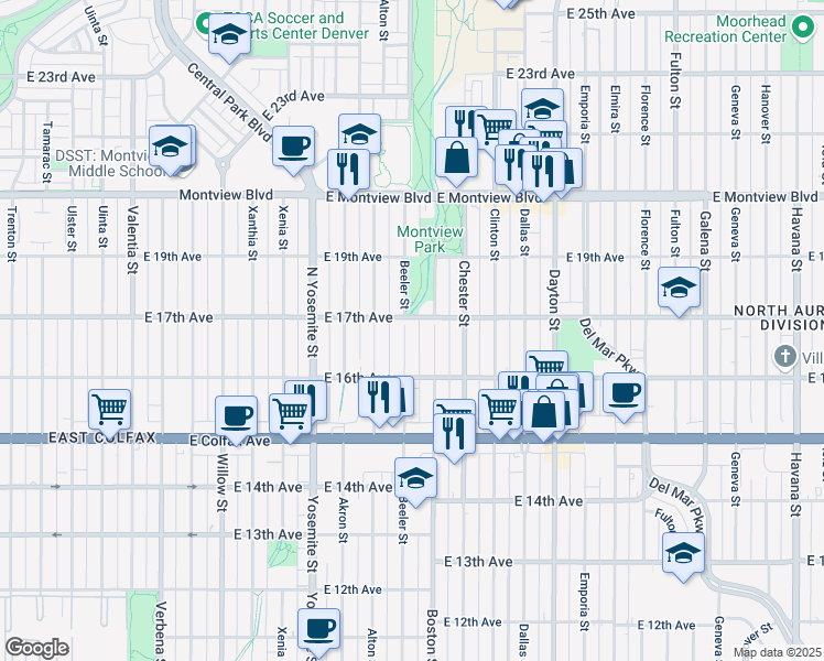 map of restaurants, bars, coffee shops, grocery stores, and more near 9191 East 17th Avenue in Aurora