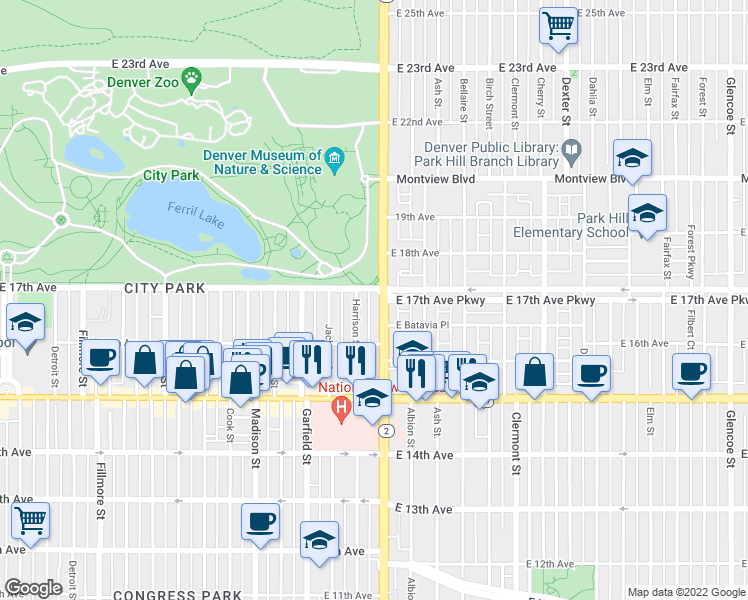 map of restaurants, bars, coffee shops, grocery stores, and more near 1684 Harrison Street in Denver
