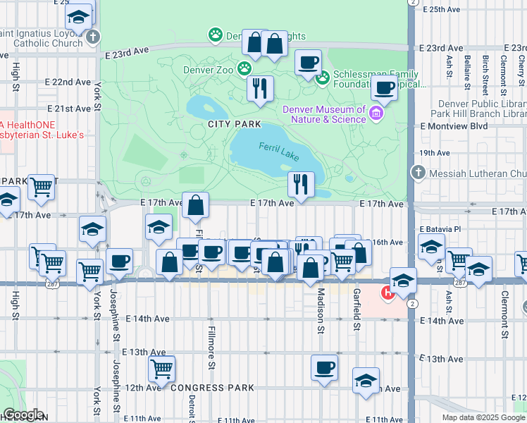 map of restaurants, bars, coffee shops, grocery stores, and more near 1689 Adams Street in Denver