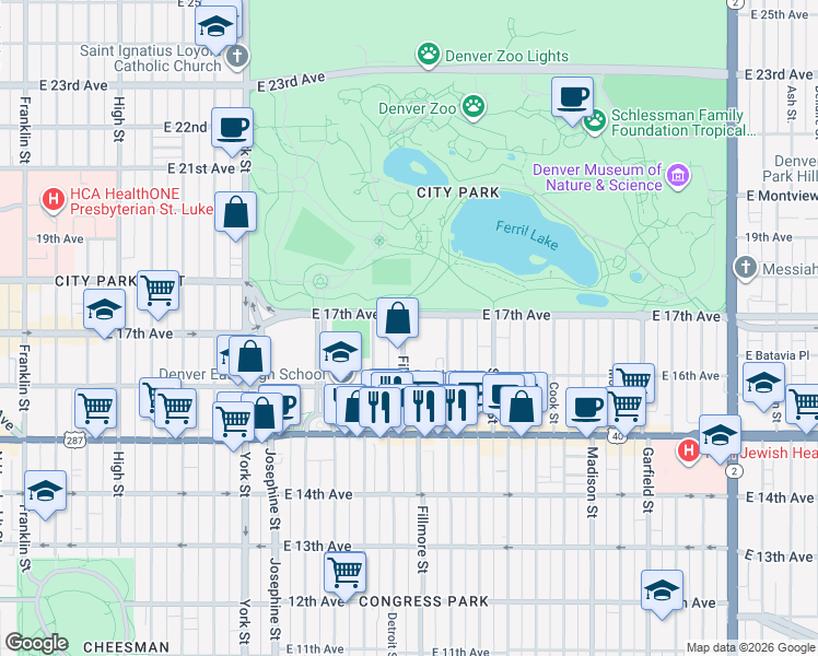 map of restaurants, bars, coffee shops, grocery stores, and more near in Denver