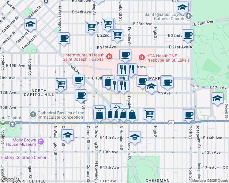 map of restaurants, bars, coffee shops, grocery stores, and more near 1721 Humboldt Street in Denver