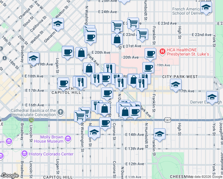 map of restaurants, bars, coffee shops, grocery stores, and more near 1734 North Ogden Street in Denver