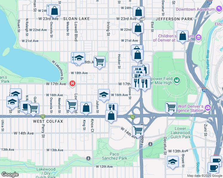 map of restaurants, bars, coffee shops, grocery stores, and more near 1707 Irving Street in Denver