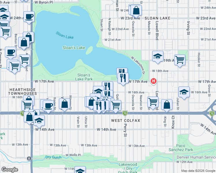 map of restaurants, bars, coffee shops, grocery stores, and more near 4200 West 17th Avenue in Denver