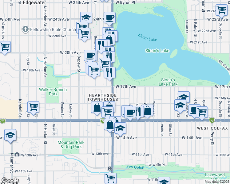 map of restaurants, bars, coffee shops, grocery stores, and more near in Edgewater