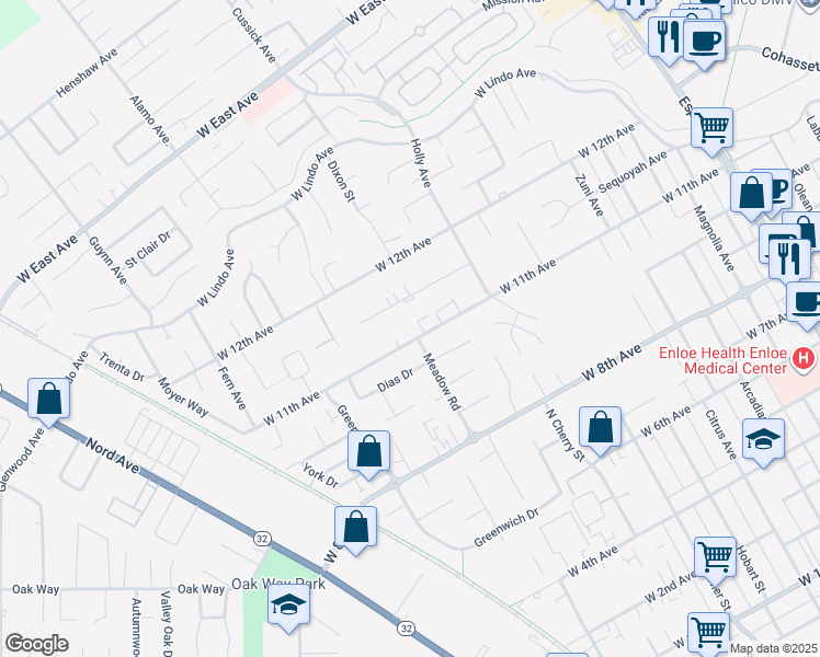 map of restaurants, bars, coffee shops, grocery stores, and more near 837 Sequoyah Avenue in Chico