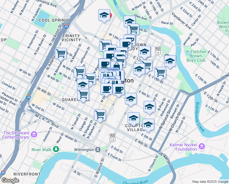 map of restaurants, bars, coffee shops, grocery stores, and more near in Wilmington