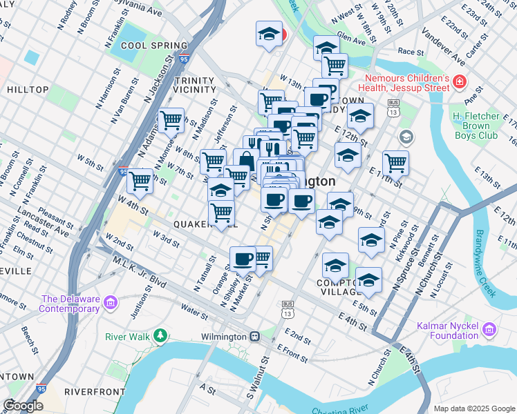 map of restaurants, bars, coffee shops, grocery stores, and more near 225 West 8th Street in Wilmington