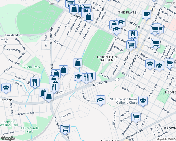 map of restaurants, bars, coffee shops, grocery stores, and more near 41 Elsmere Boulevard in Wilmington