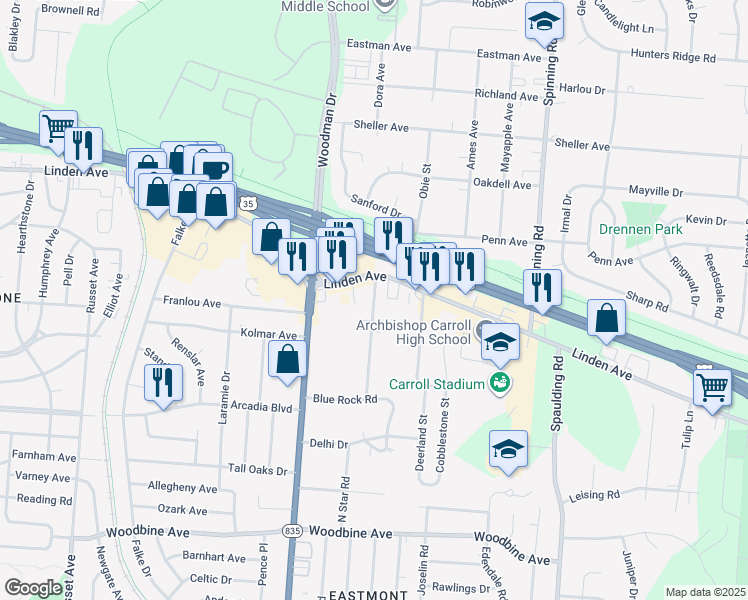 map of restaurants, bars, coffee shops, grocery stores, and more near 4290 Linden Avenue in Dayton