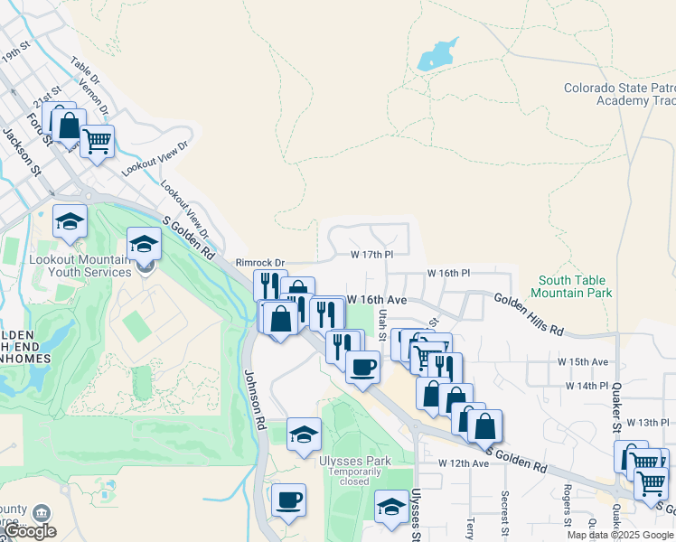 map of restaurants, bars, coffee shops, grocery stores, and more near 17491 West 16th Avenue in Golden