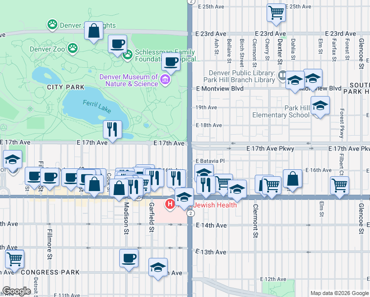 map of restaurants, bars, coffee shops, grocery stores, and more near 1685 Colorado Boulevard in Denver