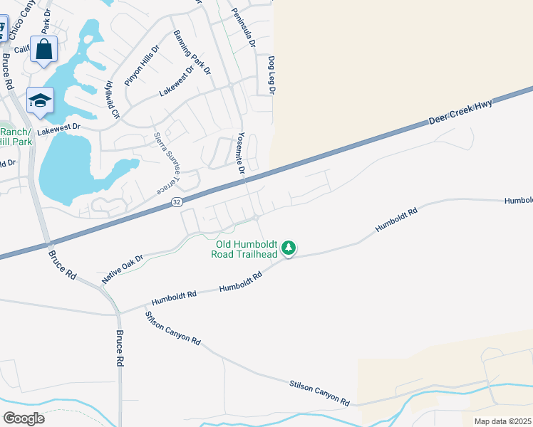 map of restaurants, bars, coffee shops, grocery stores, and more near Native Oak Drive in Chico
