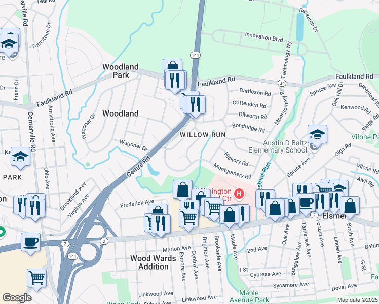 map of restaurants, bars, coffee shops, grocery stores, and more near 1420 Brook Lane in Wilmington