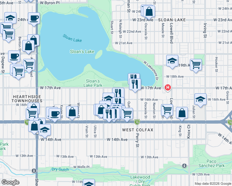 map of restaurants, bars, coffee shops, grocery stores, and more near 4200 West 17th Avenue in Denver