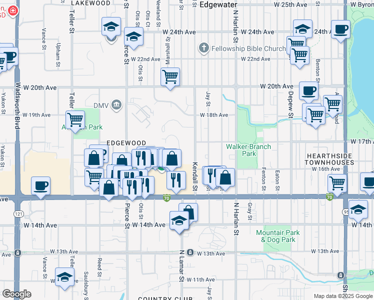 map of restaurants, bars, coffee shops, grocery stores, and more near 1651 Kendall Street in Lakewood
