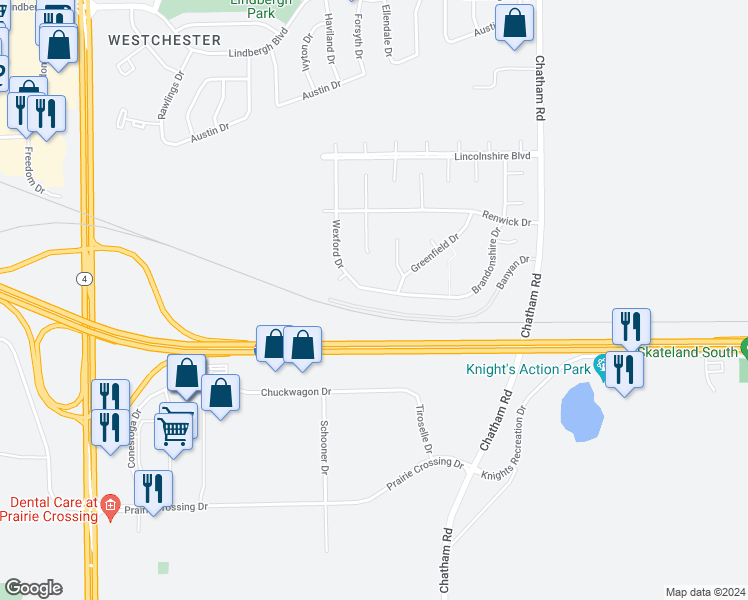 map of restaurants, bars, coffee shops, grocery stores, and more near 3817 Wexford Drive in Springfield