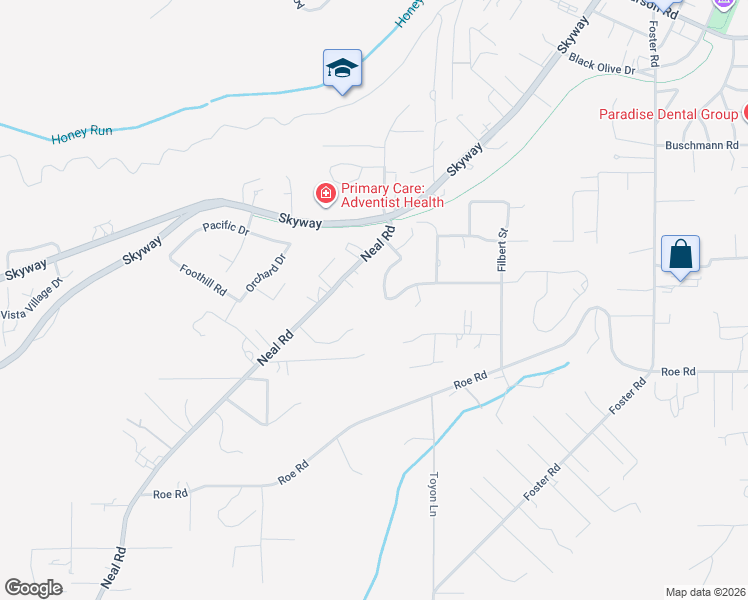 map of restaurants, bars, coffee shops, grocery stores, and more near 374 Circlewood Drive in Paradise
