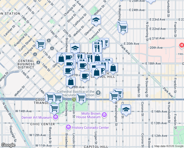 map of restaurants, bars, coffee shops, grocery stores, and more near 303 East 17th Avenue in Denver