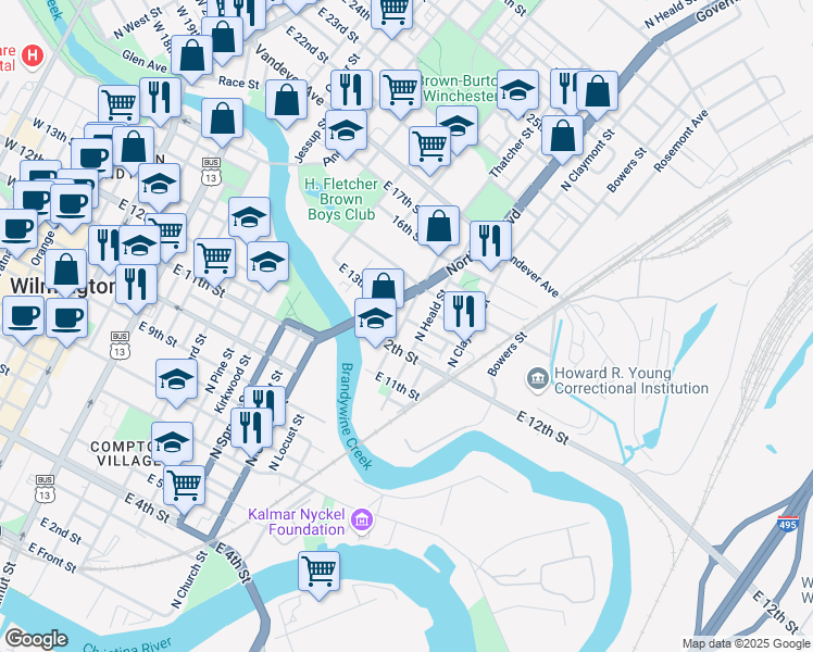 map of restaurants, bars, coffee shops, grocery stores, and more near 1238 Thatcher Street in Wilmington