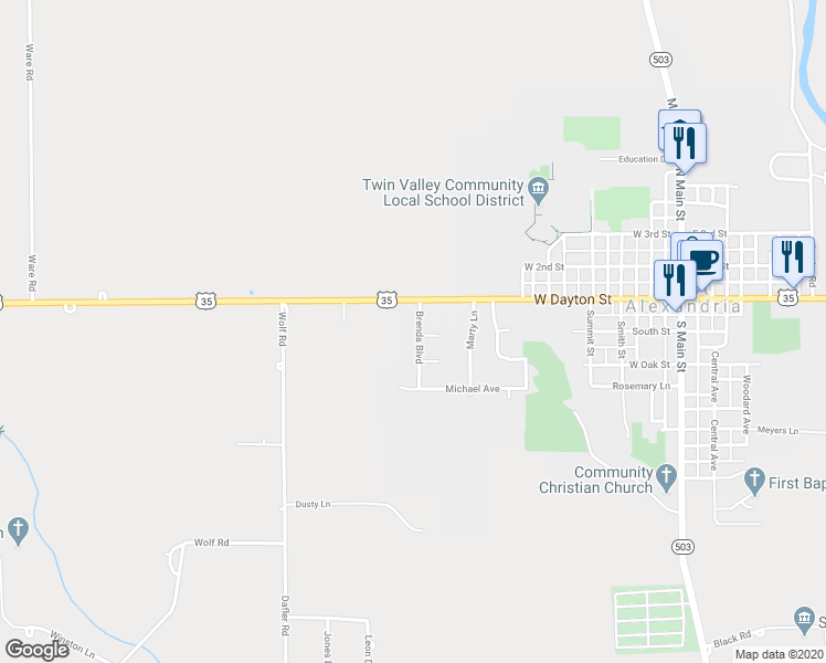 map of restaurants, bars, coffee shops, grocery stores, and more near 106 Brenda Boulevard in West Alexandria