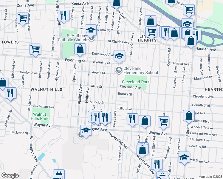 map of restaurants, bars, coffee shops, grocery stores, and more near 1144 Arbor Avenue in Dayton