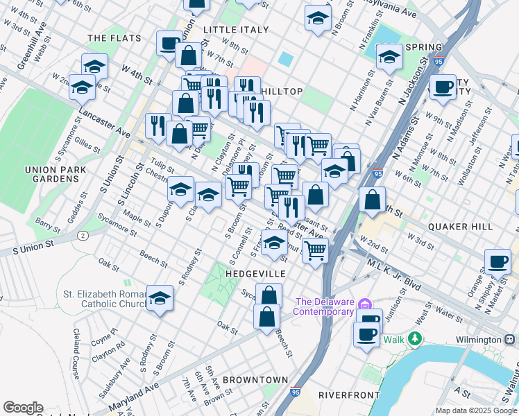 map of restaurants, bars, coffee shops, grocery stores, and more near 104 North Broom Street in Wilmington
