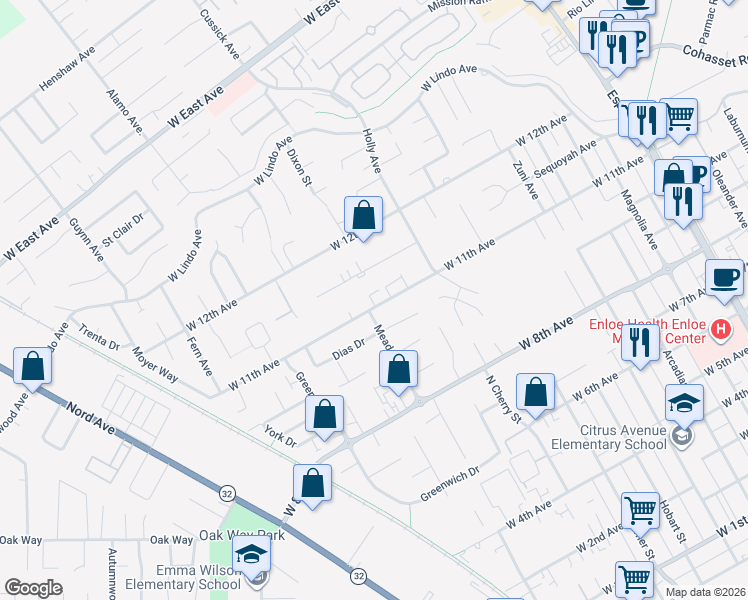 map of restaurants, bars, coffee shops, grocery stores, and more near 837 Sequoyah Avenue in Chico