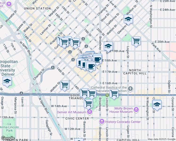 map of restaurants, bars, coffee shops, grocery stores, and more near 1600 Glenarm Place in Denver