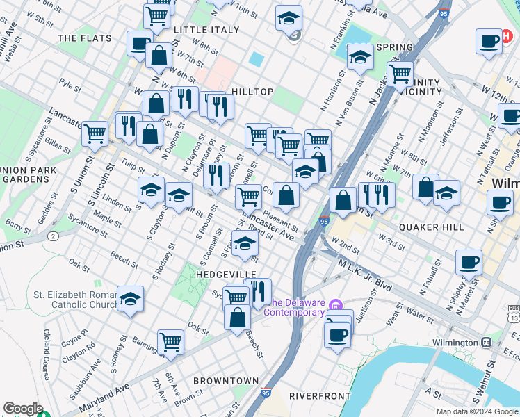 map of restaurants, bars, coffee shops, grocery stores, and more near 1211 Pleasant Street in Wilmington