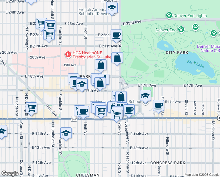 map of restaurants, bars, coffee shops, grocery stores, and more near 1733 North Gaylord Street in Denver