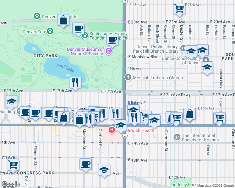 map of restaurants, bars, coffee shops, grocery stores, and more near 1684 Harrison Street in Denver